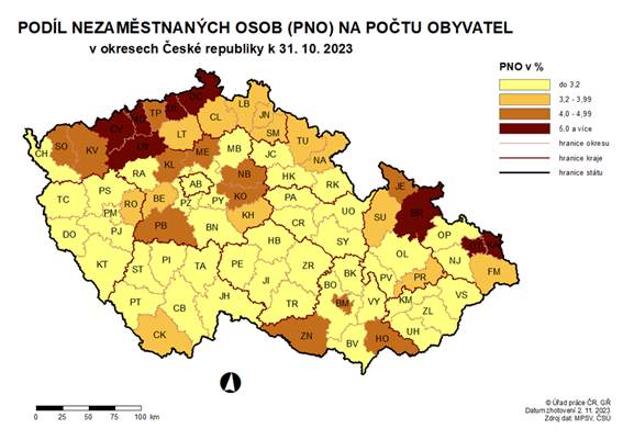 Podíl nezaměstnaných osob na počtu obyvatel v okresech ČR k 31. 10. 2023