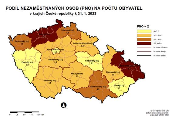 Podíl nezaměstnaných osob na počtu obyvatel v krajích ČR k 31. 1. 2023