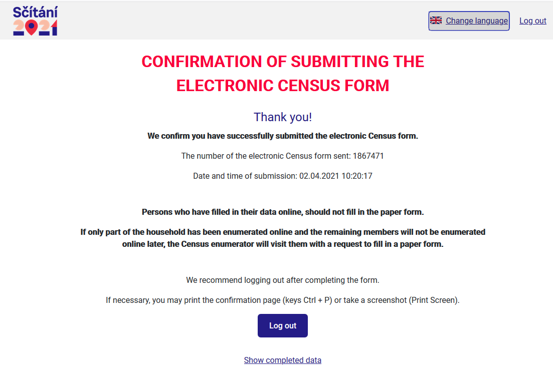 Confirmation of submitting electronic census form