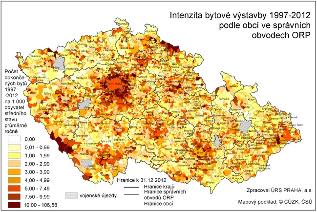 Intenzita bytové výstavby 1997-2012 podle obcí ve správních obvodech ORP
