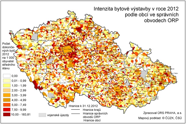 Intenzita bytové výstavby v roce 2012 podle obcí ve správních obvodech ORP