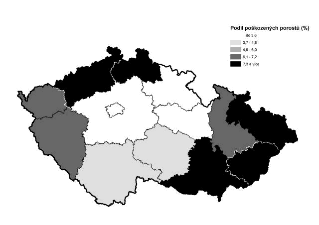 Lesnatost poškozených porostů (podíl porostní půdy poškozených lesů na celkové rozloze kraje), 2004
