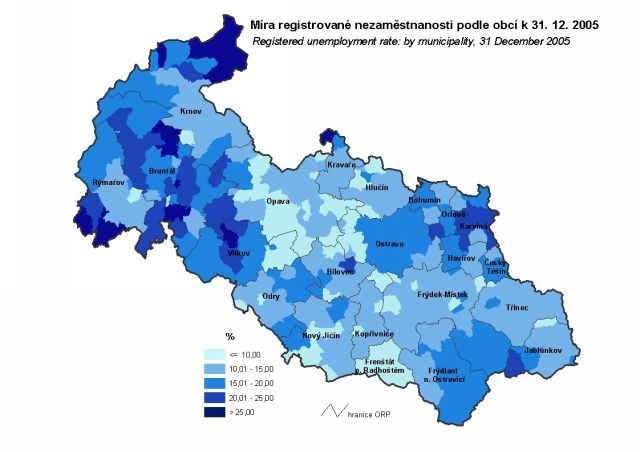 Míra registrované nezaměstnanosti podle obcí k 31.12.2005 - Moravskoslezský kraj
