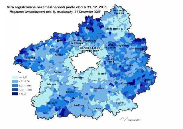 Míra registrované nezaměstnanosti podle obcí k 31.12.2005 - Středočeský kraj