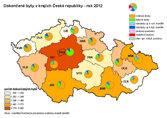Dokončené byty v krajích České republiky - rok 2012