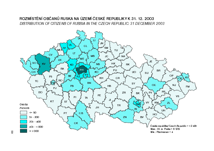 Kart. 10 Rozmístění občanů Ruska na území České republiky k 31. 12. 2003