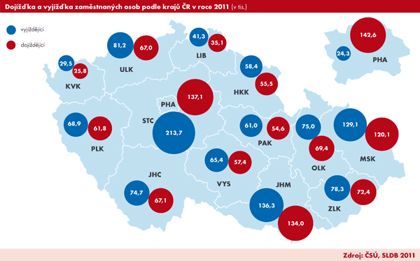 Kartogram | Dojížďka a vyjížďka zaměstnaných osob podle krajů ČR v roce 2011