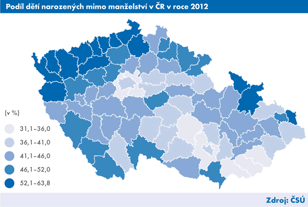 Graf 2 | Podíl dětí narozených mimo manželství v ČR v roce 2012