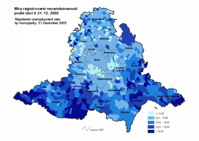 Míra registrované nezaměstnanosti podle obcí k 31.12.2005 - Jihomoravský kraj