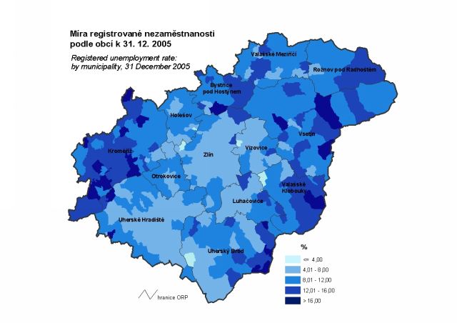 Míra registrované nezaměstnanosti podle obcí k 31.12.2005 - Zlínský kraj