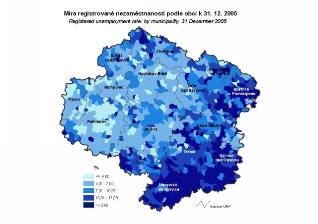 Míra registrované nezaměstnanosti podle obcí k 31.12.2005 - Kraj Vysočina