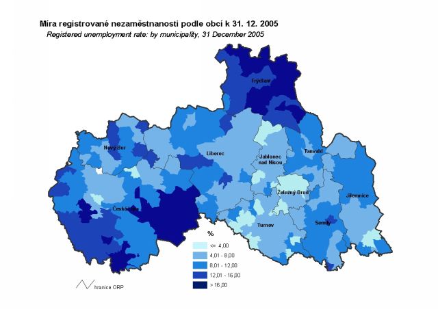 Míra registrované nezaměstnanosti podle obcí k 31.12.2005 - Liberecký kraj