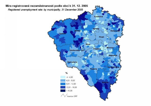 Míra registrované nezaměstnanosti podle obcí k 31.12.2005 - Plzeňský kraj