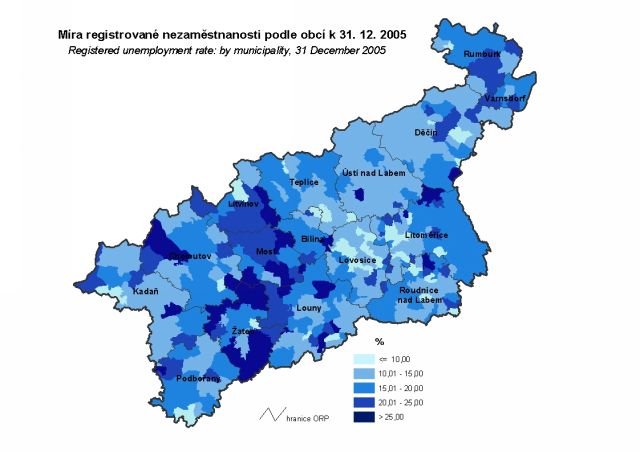 Míra registrované nezaměstnanosti podle obcí k 31.12.2005 - Ústecký kraj