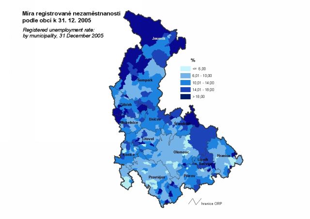 Míra registrované nezaměstnanosti podle obcí k 31.12.2005 - Olomoucký kraj