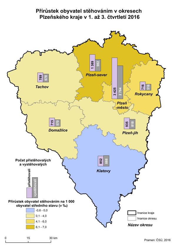 Kartogram: Přírůstek obyvatel stěhováním v okresech Plzeňského kraje v 1. až 3. čtvrtletí 2016