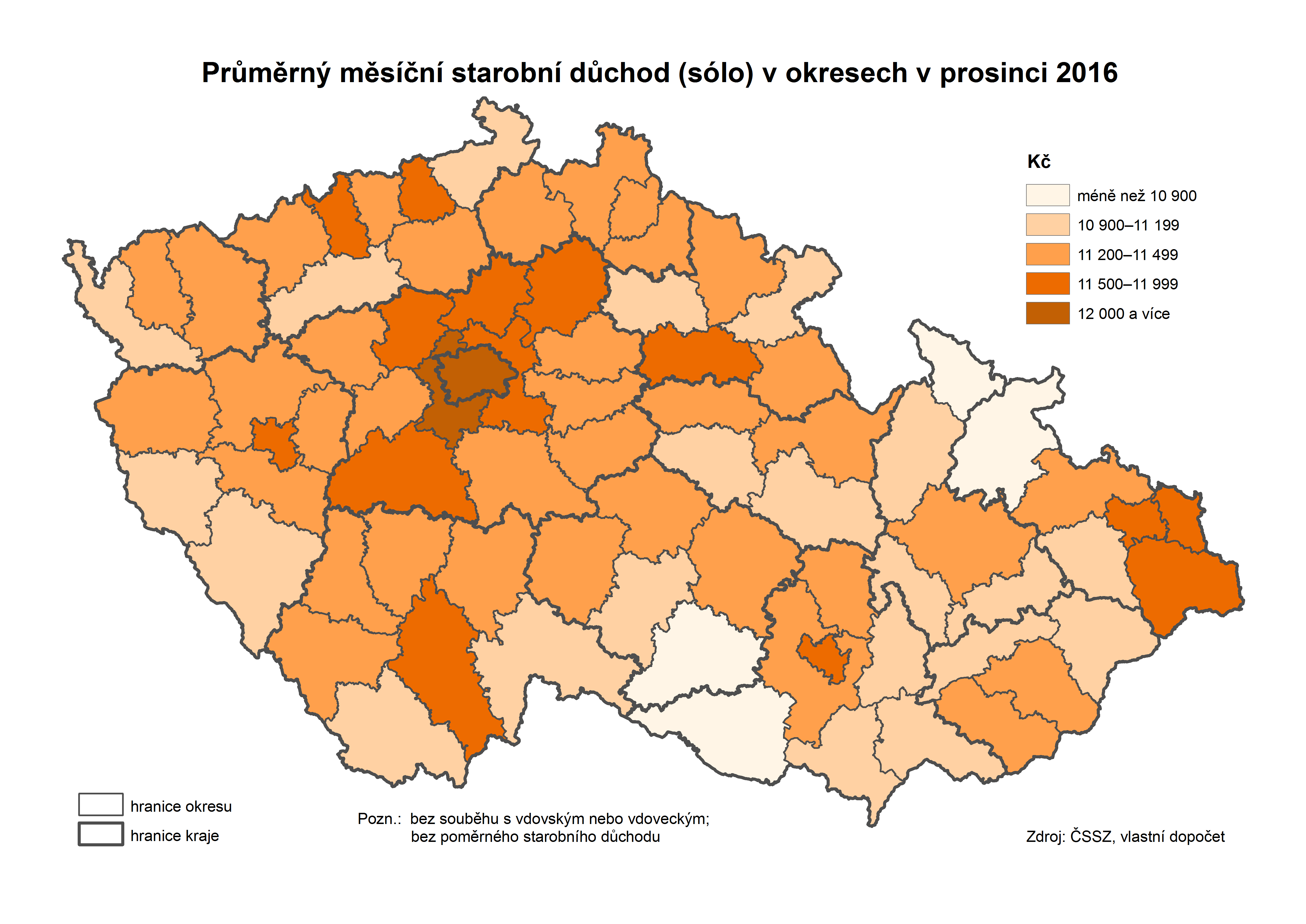 Průměrný měsíční starobní důchod (sólo) v okresech v prosinci 2016