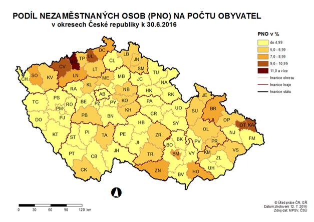 Podíl nezaměstnaných osob na počtu obyvatel v okresech ČR k 30. 6. 2016
