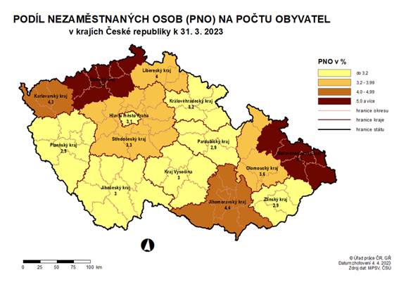 Podíl nezaměstnaných osob na počtu obyvatel v krajích ČR k 31. 3. 2023