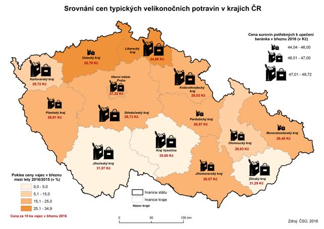 Kartogram: Srovnání cen typických velikonočních potravin v krajích ČR