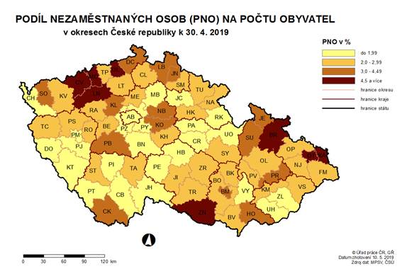 Podíl nezaměstnaných osob na počtu obyvatel v okresech ČR k 30. 4. 2019