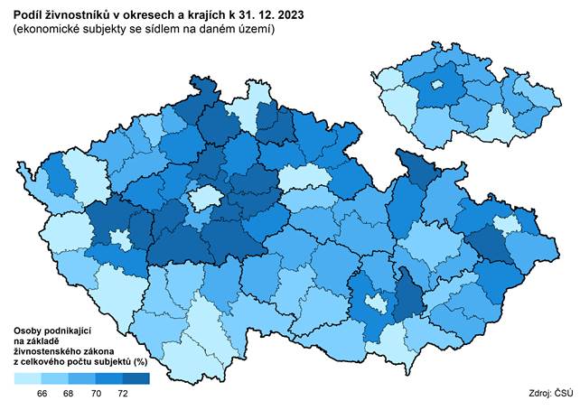 Kartogram: Podíl živnostníků v okresech a krajích k 31. 12. 2023 (ekonomické subjekty se sídlem na daném území)