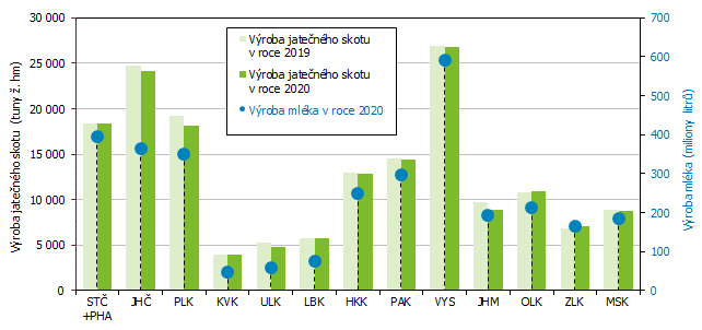 Graf 3 Výroba jatečného skotu a výroba mléka podle krajů 