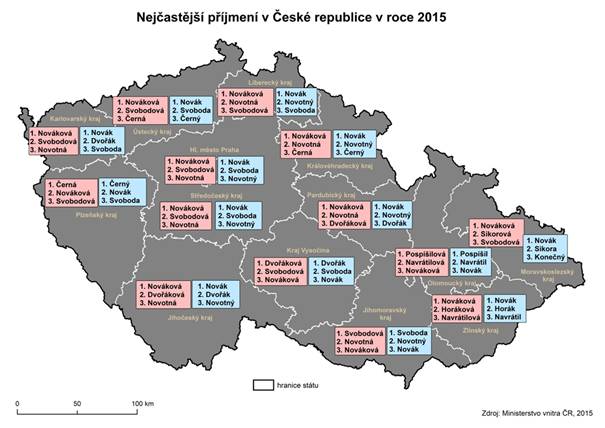 Kartogram: Nejčastější příjmení v České republice v roce 2015