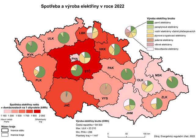 Kartogram: Spotřeba a výroba elektřiny v roce 2022