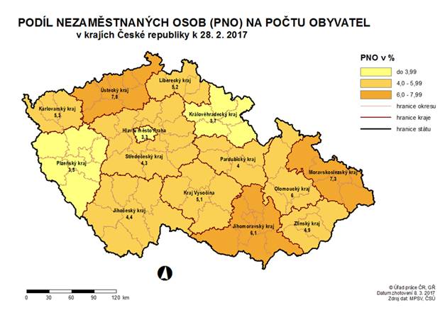 Podíl nezaměstnaných osob na počtu obyvatel v krajích ČR k 28. 2. 2017
