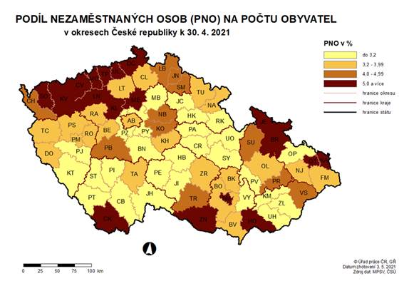 Podíl nezaměstnaných osob na počtu obyvatel v okresech ČR k 30. 4. 2021