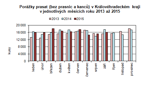 Graf: Porážky prasat (bez prasnic a kanců) v Královéhradeckém kraji v jednotlivých měsících roku 2013 až 2015