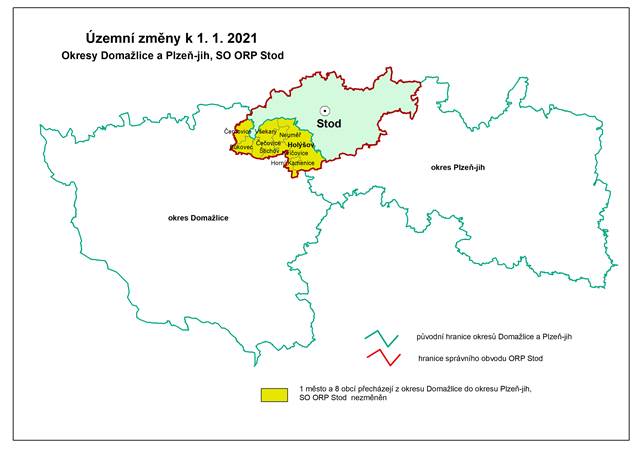 Kartogram: Územní změny k 1. 1. 2021, okresy Domažlice a Plzeň-jih, SO ORP Stod