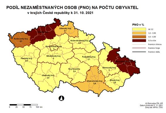 Podíl nezaměstnaných osob na počtu obyvatel v krajích ČR k 31. 10. 2021