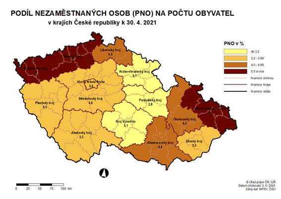 Podíl nezaměstnaných osob na počtu obyvatel v krajích ČR k 30. 4. 2021
