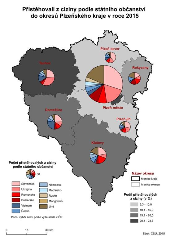 Kartogram: Přistěhovalí z ciziny podle státního občanství do okresů Plzeňského kraje v roce 2015