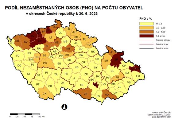 Podíl nezaměstnaných osob na počtu obyvatel v okresech ČR k 30. 6. 2023