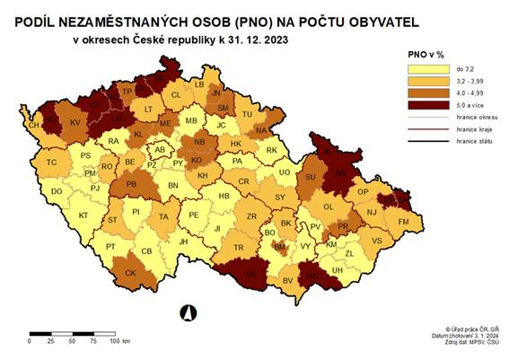 Podíl nezaměstnaných osob na počtu obyvatel v okresech ČR k 31. 12. 2023