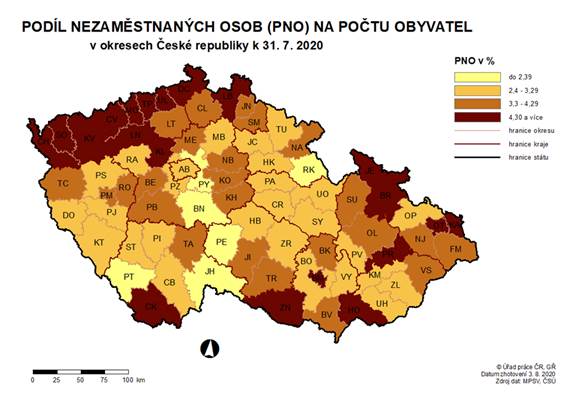 Podíl nezaměstnaných osob na počtu obyvatel v okresech ČR k 31. 7. 2020