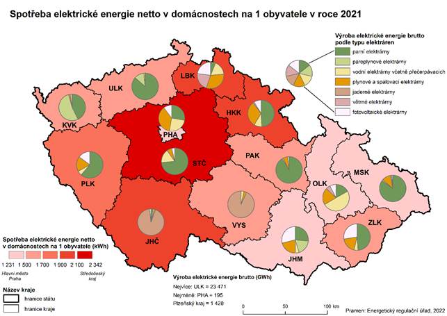 Kartogram: Spotřeba elektrické energie netto v domácnostech na 1 obyvatele v roce 2021
