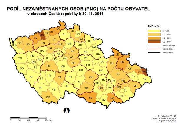 Podíl nezaměstnaných osob na počtu obyvatel v okresech ČR k 30.11.2016