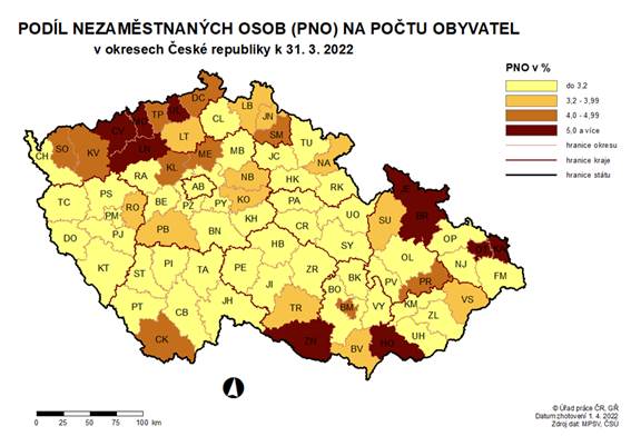 Podíl nezaměstnaných osob na počtu obyvatel v okresech ČR k 31. 3. 2022