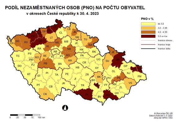 Podíl nezaměstnaných osob na počtu obyvatel v okresech ČR k 30. 4. 2023