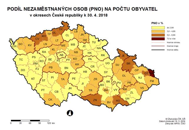 Podíl nezaměstnaných osob na počtu obyvatel v okresech ČR k 30. 4. 2018