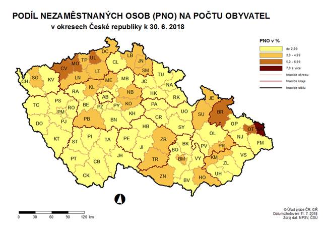 Podíl nezaměstnaných osob na počtu obyvatel v okresech ČR k 30. 6. 2018