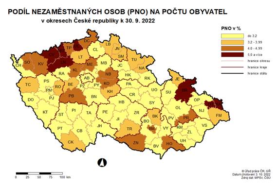 Podíl nezaměstnaných osob na počtu obyvatel v okresech ČR k 30. 9. 2022