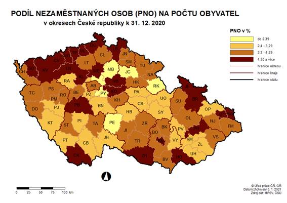 Podíl nezaměstnaných osob na počtu obyvatel v okresech ČR k 31. 12. 2020