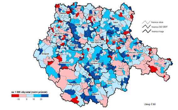 Kart. Celkový přírůstek/úbytek obyvatel v obcích Jihočeského kraje v letech 2018–2022