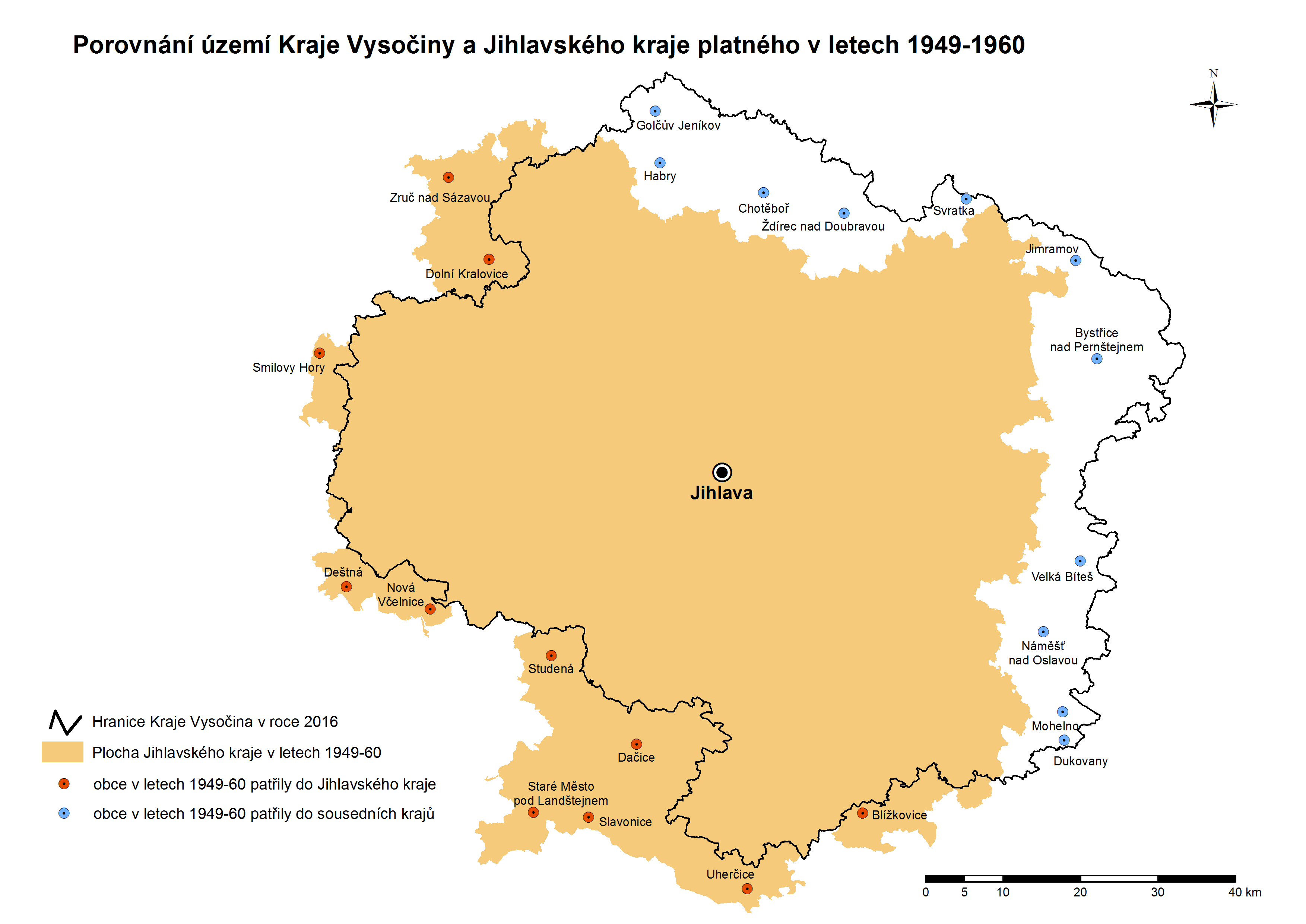 Porovnání území Kraje Vysočiny a Jihlavského kraje platného v letech 1949 – 1960
