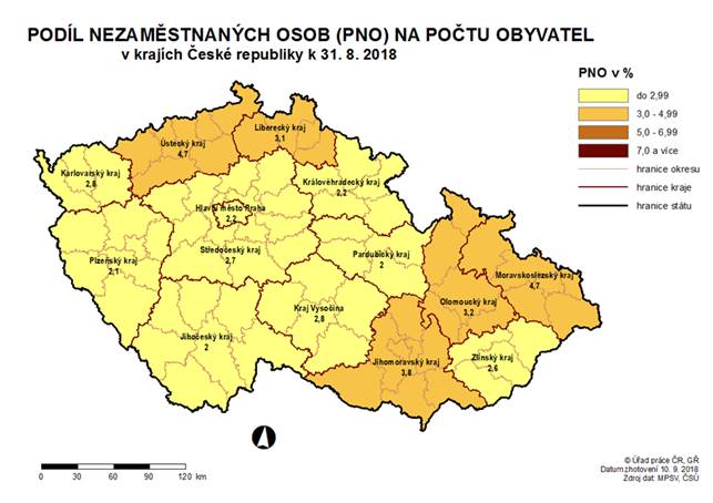 Podíl nezaměstnaných osob na počtu obyvatel v krajích ČR k 31. 8. 2018